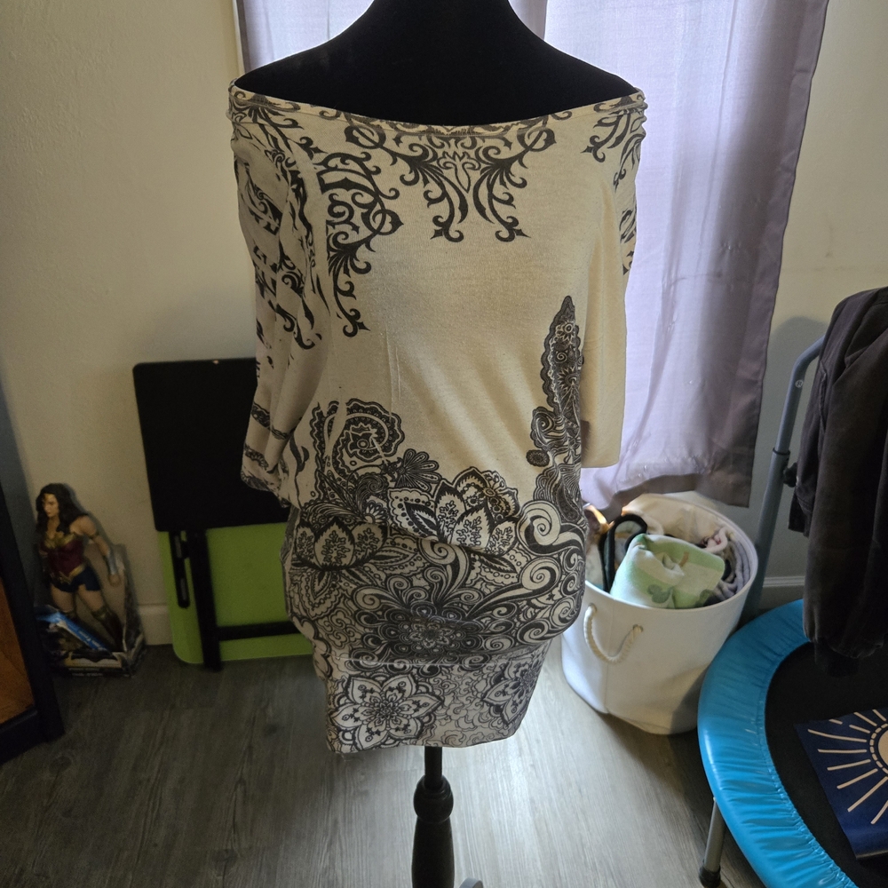 Elegant Off-Shoulder Dress with Black Patterns